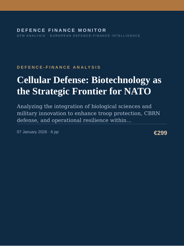 Cover of the DFM report “Cellular Defense: Biotechnology as the Strategic Frontier for NATO” — Defence-Finance Analysis, 6-page PDF