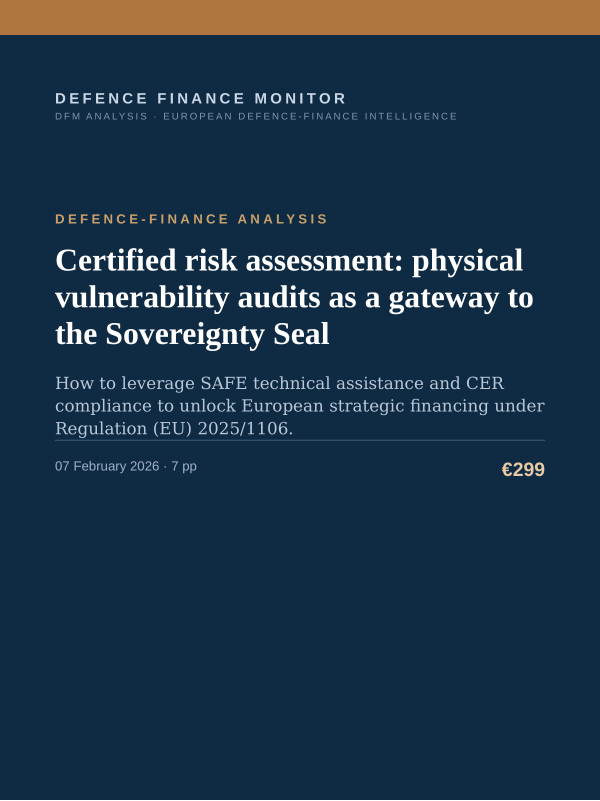 Cover of the DFM report “Certified risk assessment: physical vulnerability audits as a gateway to the Sovereignty Seal” — Defence-Finance Analysis, 7-page PDF
