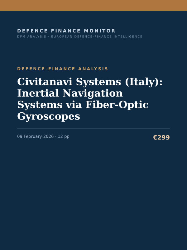 Cover of the DFM report “Civitanavi Systems (Italy): Inertial Navigation Systems via Fiber-Optic Gyroscopes” — Defence-Finance Analysis, 12-page PDF