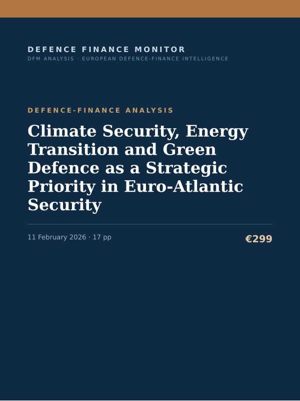 Cover of the DFM report “Climate Security, Energy Transition and Green Defence as a Strategic Priority in Euro-Atlantic Security” — Defence-Finance Analysis, 17-page PDF