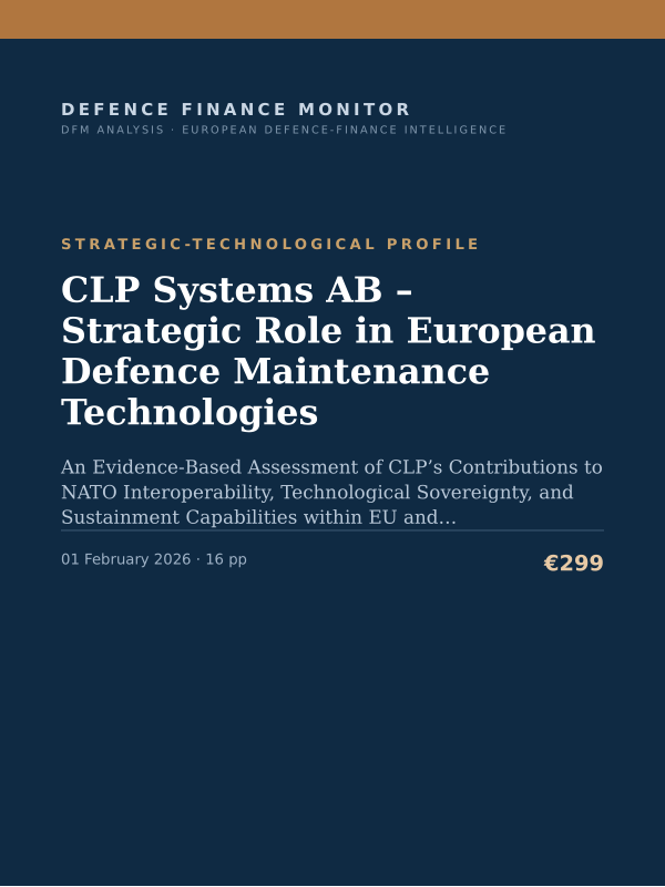 Cover of the DFM report “CLP Systems AB – Strategic Role in European Defence Maintenance Technologies” — Strategic-Technological Profile, 16-page PDF