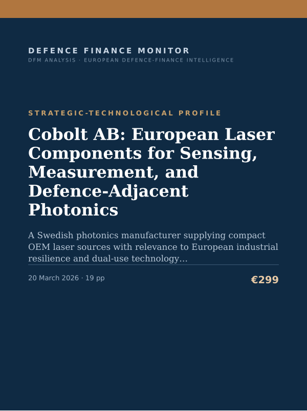 Cover of the DFM report “Cobolt AB: European Laser Components for Sensing, Measurement, and Defence-Adjacent Photonics” — Strategic-Technological Profile, 19-page PDF