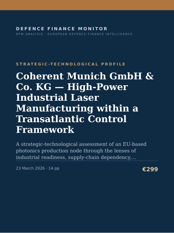 Cover of the DFM report “Coherent Munich GmbH & Co. KG — High-Power Industrial Laser Manufacturing within a Transatlantic Control Framework” — Strategic-Technological Profile, 14-page PDF