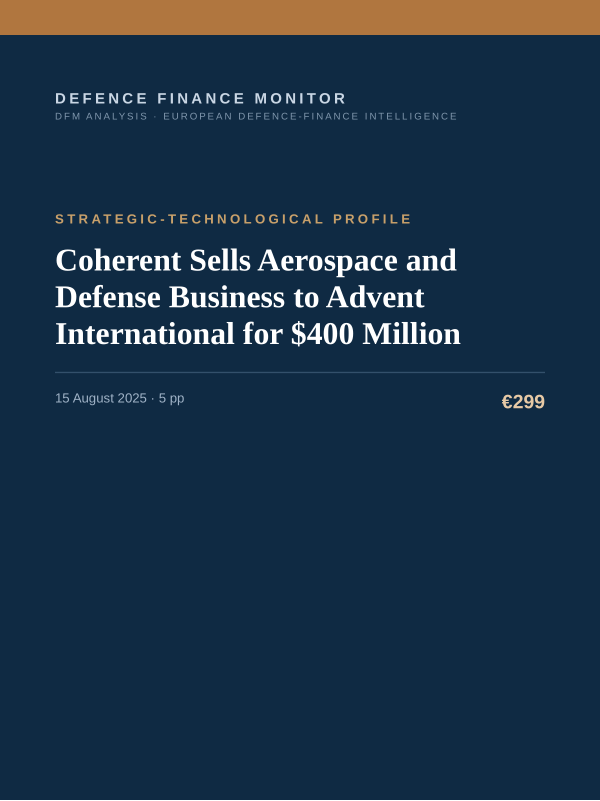 Cover of the DFM report “Coherent Sells Aerospace and Defense Business to Advent International for $400 Million” — Strategic-Technological Profile, 5-page PDF