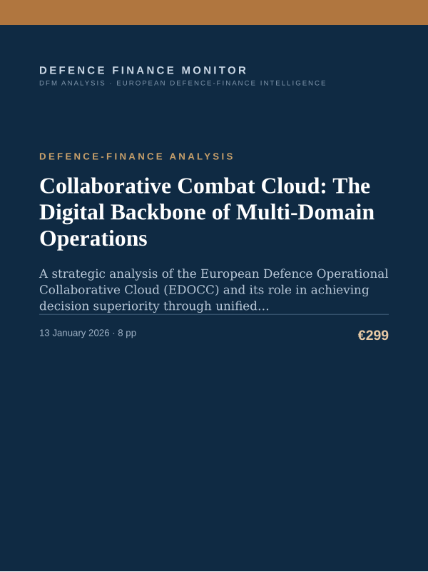 Cover of the DFM report “Collaborative Combat Cloud: The Digital Backbone of Multi-Domain Operations” — Defence-Finance Analysis, 8-page PDF