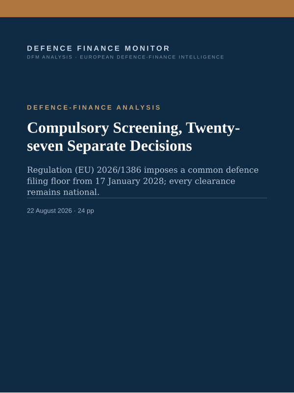 Cover of the DFM report “Compulsory Screening, Twenty-seven Separate Decisions” — Defence-Finance Analysis, 24-page PDF
