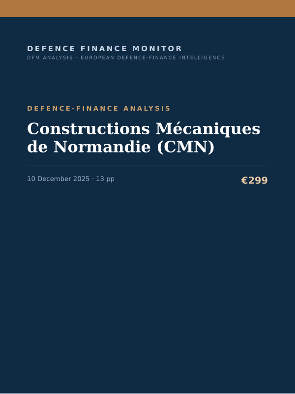 Cover of the DFM report “Constructions Mécaniques de Normandie (CMN)” — Defence-Finance Analysis, 13-page PDF