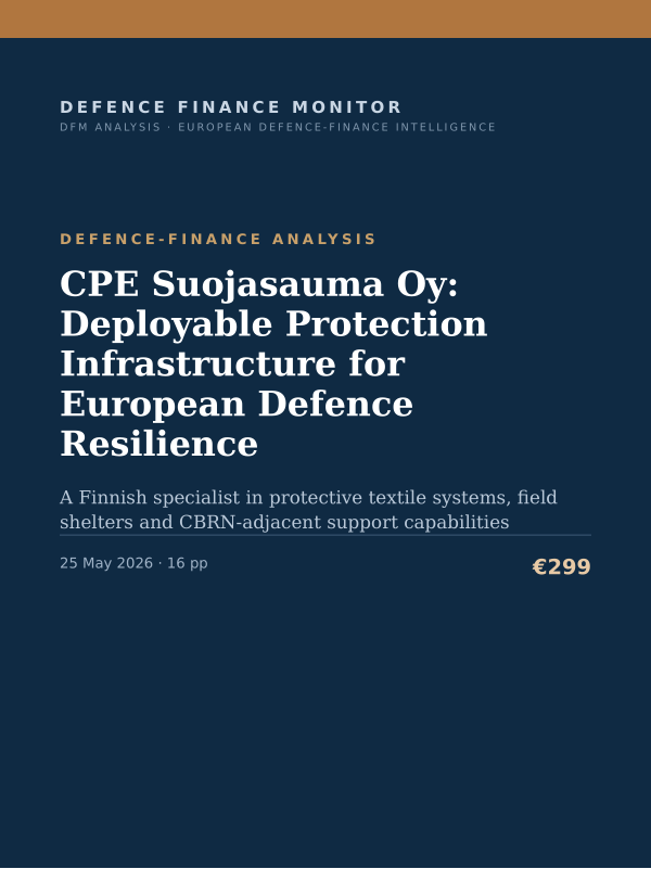 Cover of the DFM report “CPE Suojasauma Oy: Deployable Protection Infrastructure for European Defence Resilience” — Defence-Finance Analysis, 16-page PDF