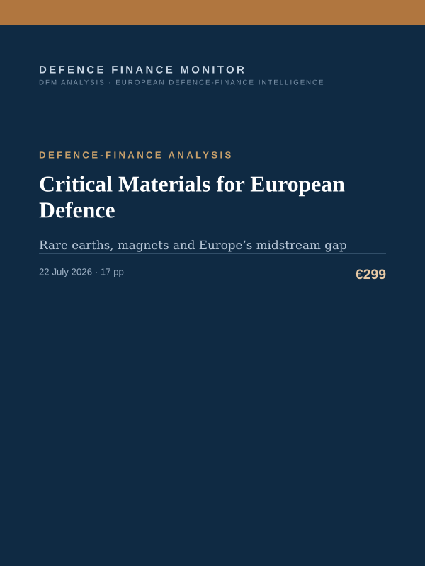 Cover of the DFM report “Critical Materials for European Defence” — Defence-Finance Analysis, 17-page PDF