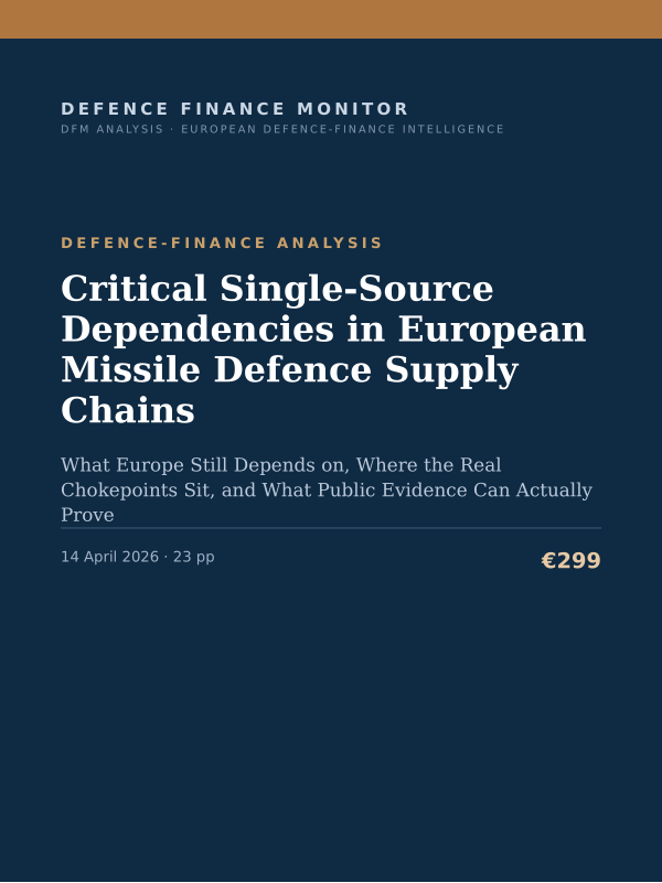 Cover of the DFM report “Critical Single-Source Dependencies in European Missile Defence Supply Chains” — Defence-Finance Analysis, 23-page PDF