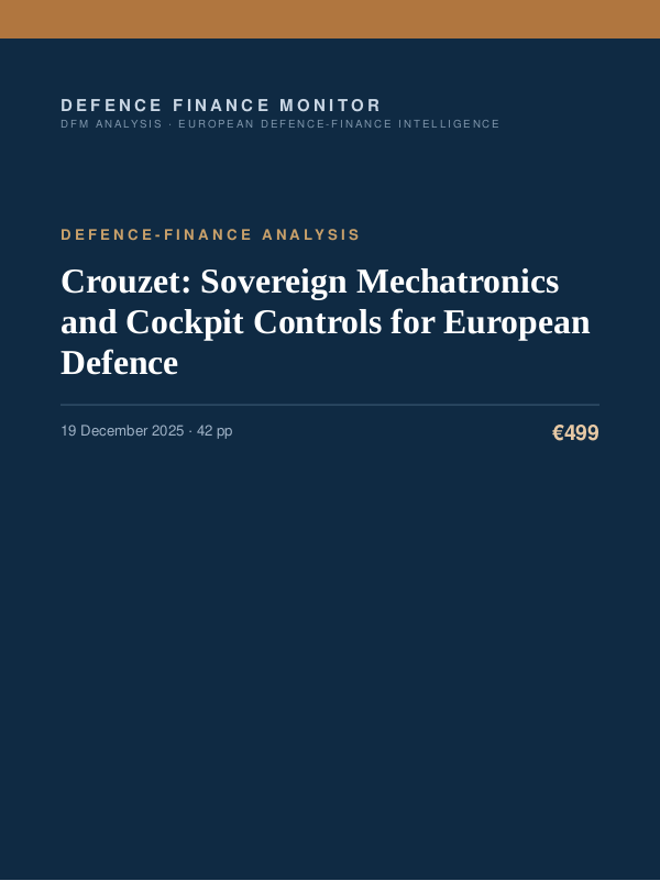Cover of the DFM report “Crouzet: Sovereign Mechatronics and Cockpit Controls for European Defence” — Defence-Finance Analysis, 42-page PDF