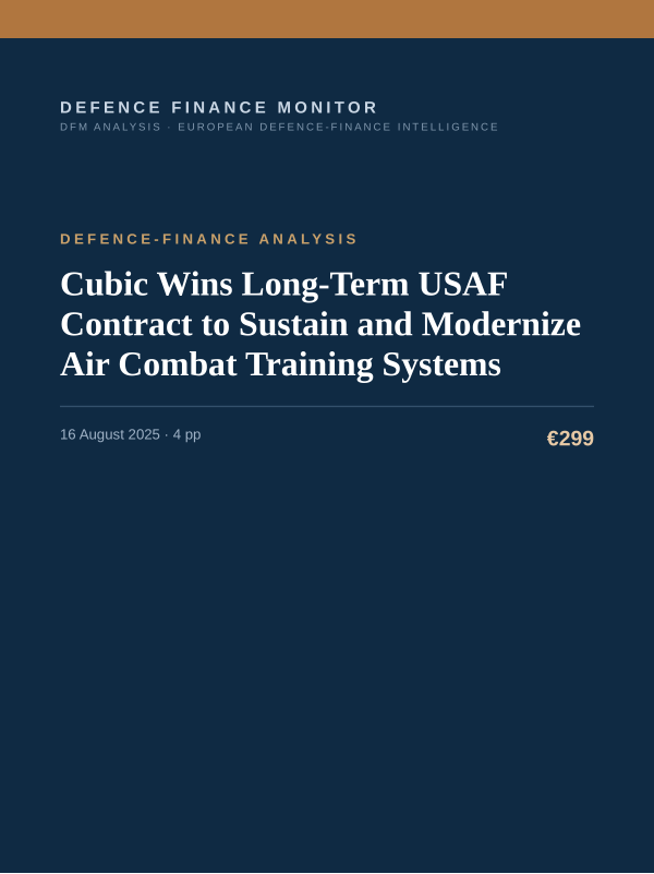 Cover of the DFM report “Cubic Wins Long-Term USAF Contract to Sustain and Modernize Air Combat Training Systems” — Defence-Finance Analysis, 4-page PDF