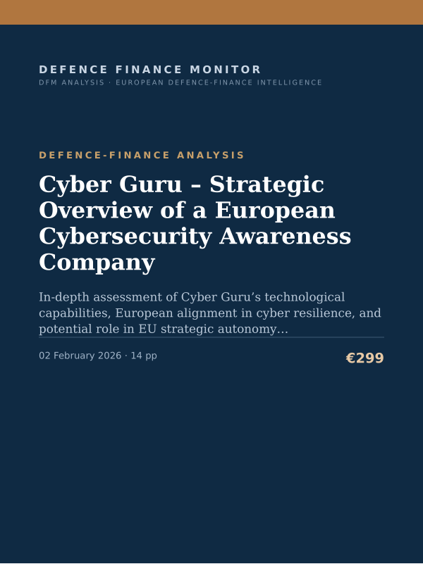 Cover of the DFM report “Cyber Guru – Strategic Overview of a European Cybersecurity Awareness Company” — Defence-Finance Analysis, 14-page PDF