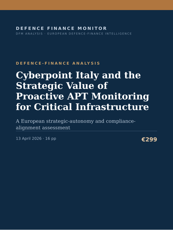 Cover of the DFM report “Cyberpoint Italy and the Strategic Value of Proactive APT Monitoring for Critical Infrastructure” — Defence-Finance Analysis, 16-page PDF