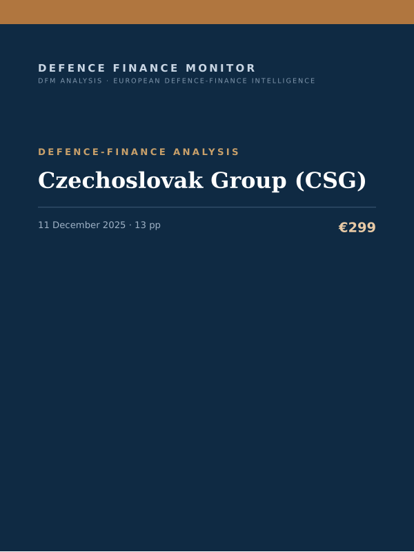 Cover of the DFM report “Czechoslovak Group (CSG)” — Defence-Finance Analysis, 13-page PDF