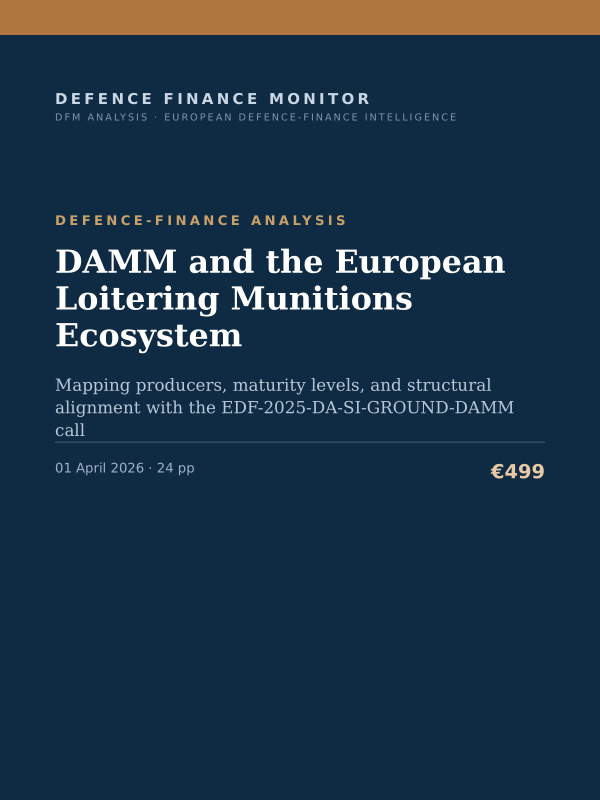 Cover of the DFM report “DAMM and the European Loitering Munitions Ecosystem” — Defence-Finance Analysis, 24-page PDF