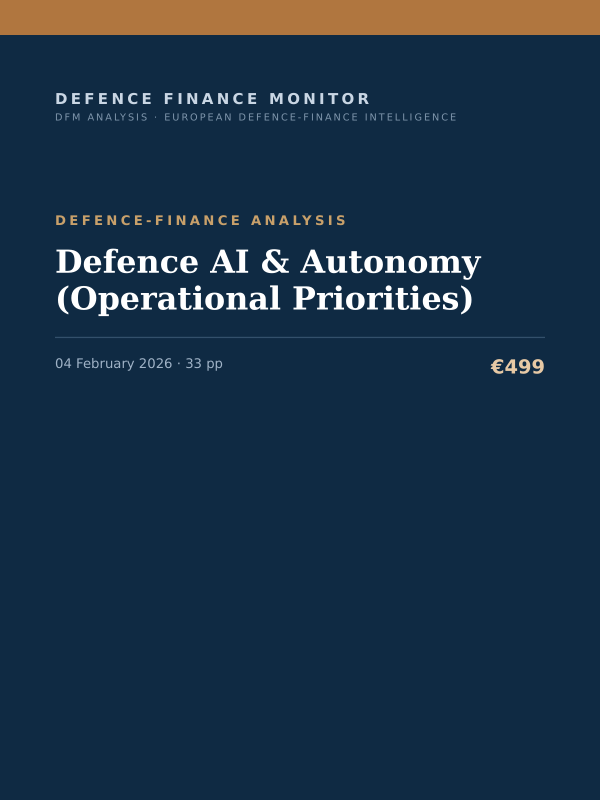 Cover of the DFM report “Defence AI & Autonomy (Operational Priorities)” — Defence-Finance Analysis, 33-page PDF