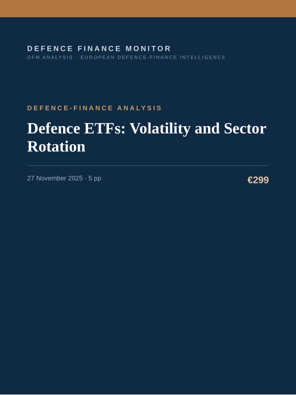 Cover of the DFM report “Defence ETFs: Volatility and Sector Rotation” — Defence-Finance Analysis, 5-page PDF