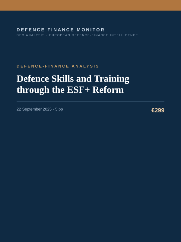 Cover of the DFM report “Defence Skills and Training through the ESF+ Reform” — Defence-Finance Analysis, 5-page PDF