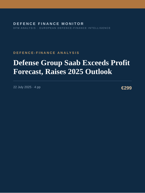 Cover of the DFM report “Defense Group Saab Exceeds Profit Forecast, Raises 2025 Outlook” — Defence-Finance Analysis, 4-page PDF