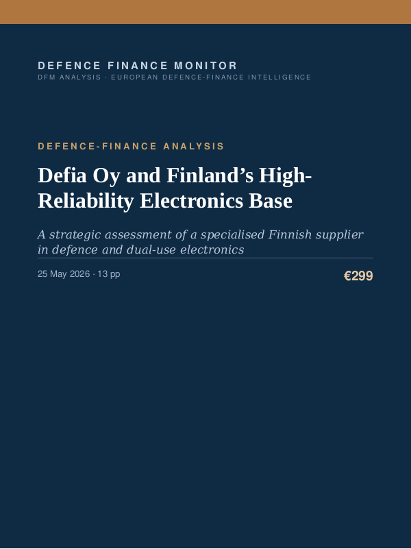 Cover of the DFM report “Defia Oy and Finland’s High-Reliability Electronics Base” — Defence-Finance Analysis, 13-page PDF