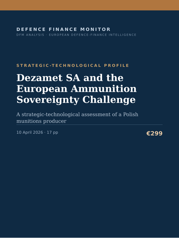 Cover of the DFM report “Dezamet SA and the European Ammunition Sovereignty Challenge” — Strategic-Technological Profile, 17-page PDF