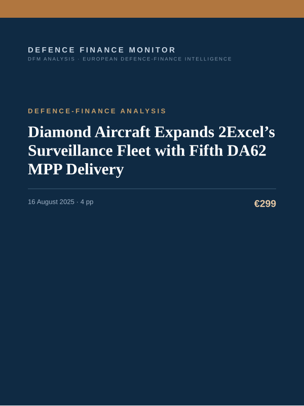 Cover of the DFM report “Diamond Aircraft Expands 2Excel’s Surveillance Fleet with Fifth DA62 MPP Delivery” — Defence-Finance Analysis, 4-page PDF