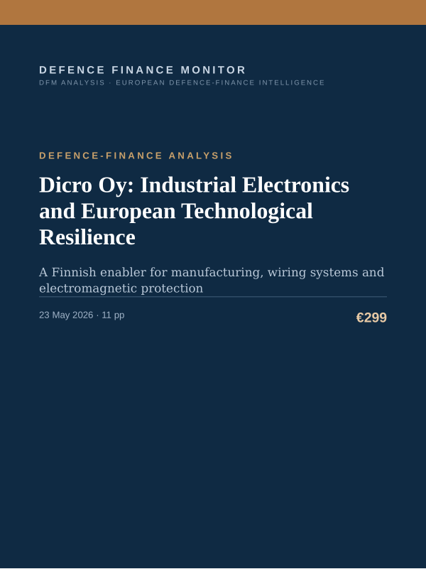Cover of the DFM report “Dicro Oy: Industrial Electronics and European Technological Resilience” — Defence-Finance Analysis, 11-page PDF