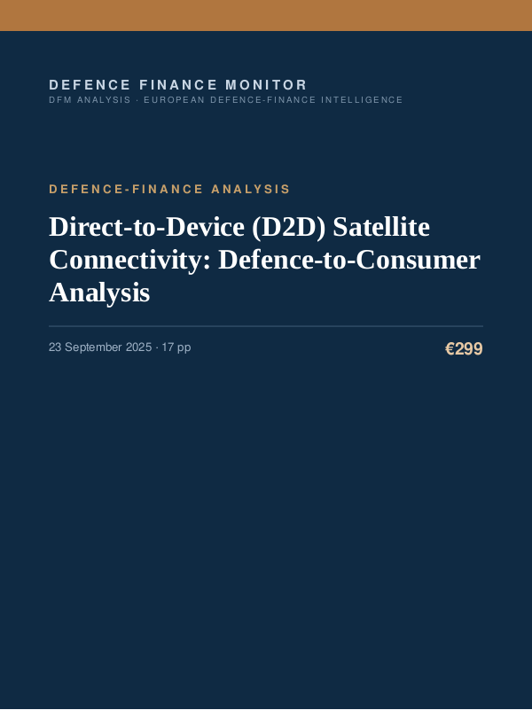 Cover of the DFM report “Direct-to-Device (D2D) Satellite Connectivity: Defence-to-Consumer Analysis” — Defence-Finance Analysis, 17-page PDF