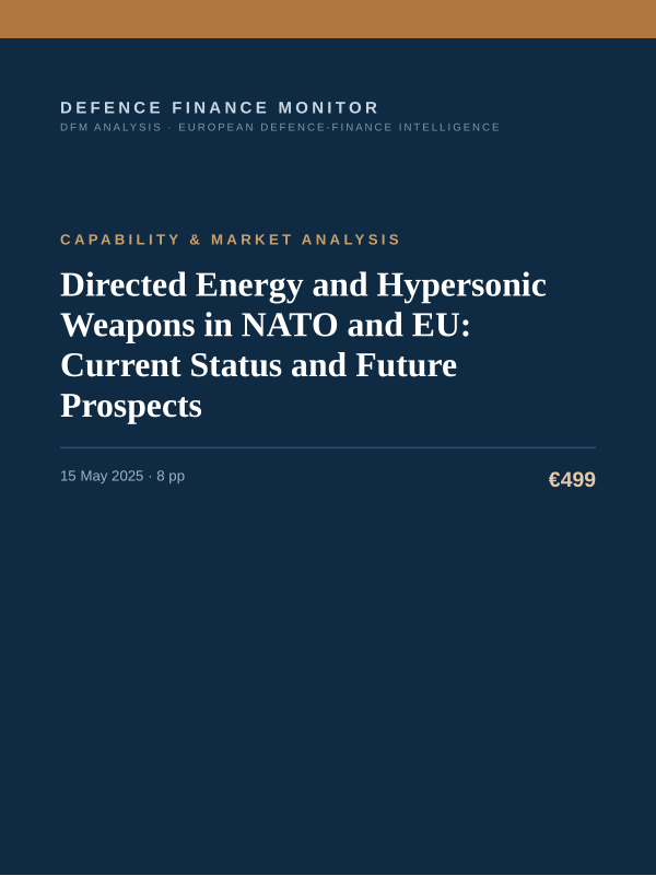 Cover of the DFM report “Directed Energy and Hypersonic Weapons in NATO and EU: Current Status and Future Prospects” — Capability & Market Analysis, 8-page PDF