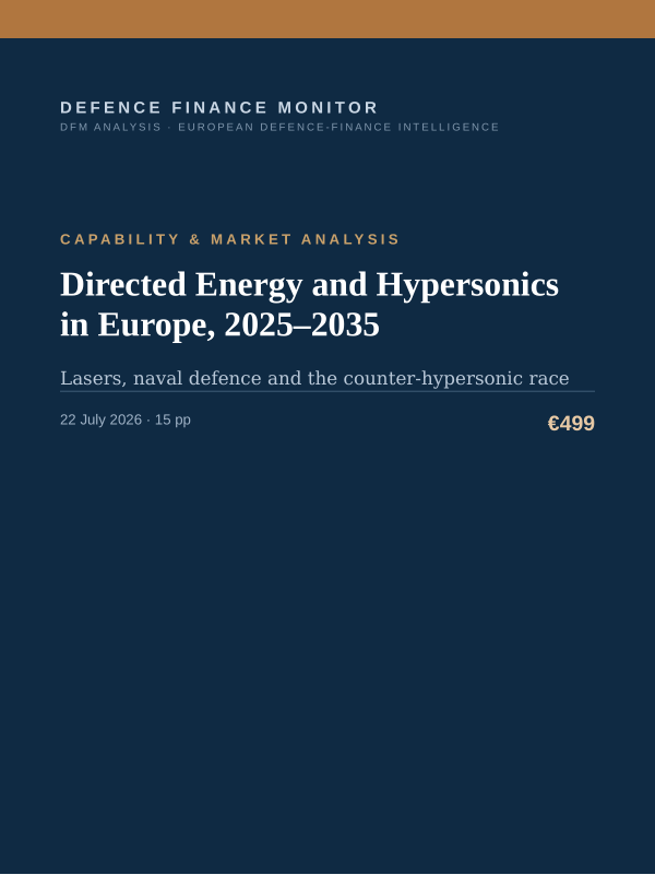 Cover of the DFM report “Directed Energy and Hypersonics in Europe, 2025–2035” — Capability & Market Analysis, 15-page PDF