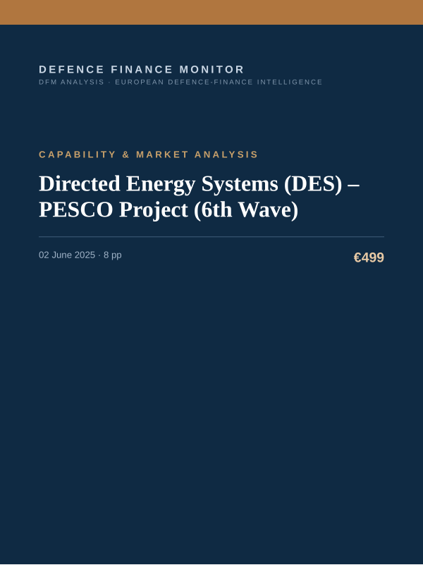 Cover of the DFM report “Directed Energy Systems (DES) – PESCO Project (6th Wave)” — Capability & Market Analysis, 8-page PDF