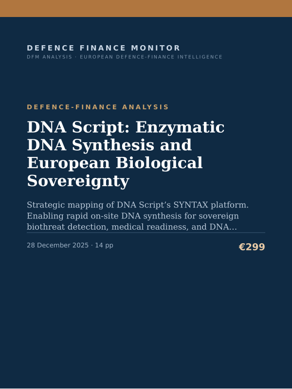 Cover of the DFM report “DNA Script: Enzymatic DNA Synthesis and European Biological Sovereignty” — Defence-Finance Analysis, 14-page PDF
