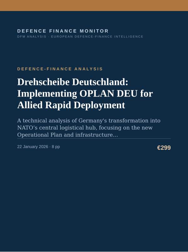 Cover of the DFM report “Drehscheibe Deutschland: Implementing OPLAN DEU for Allied Rapid Deployment” — Defence-Finance Analysis, 8-page PDF