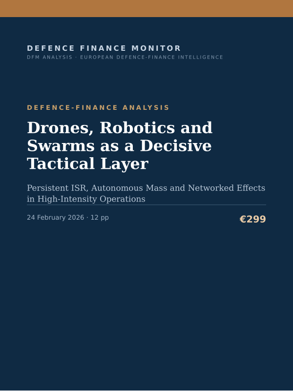 Cover of the DFM report “Drones, Robotics and Swarms as a Decisive Tactical Layer” — Defence-Finance Analysis, 12-page PDF