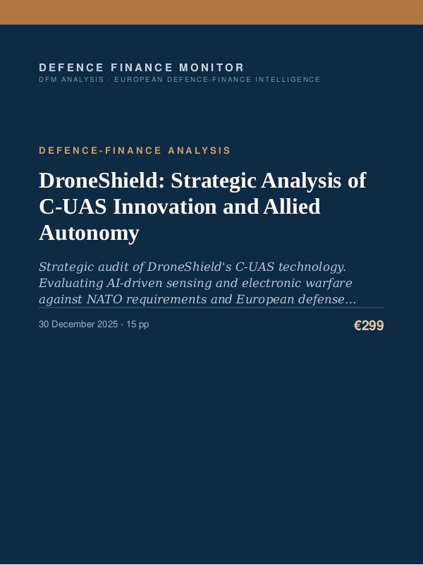 Cover of the DFM report “DroneShield: Strategic Analysis of C-UAS Innovation and Allied Autonomy” — Defence-Finance Analysis, 15-page PDF