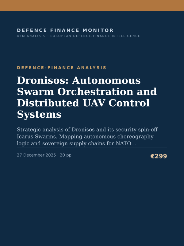Cover of the DFM report “Dronisos: Autonomous Swarm Orchestration and Distributed UAV Control Systems” — Defence-Finance Analysis, 20-page PDF