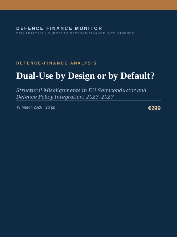 Cover of the DFM report “Dual-Use by Design or by Default?” — Defence-Finance Analysis, 20-page PDF