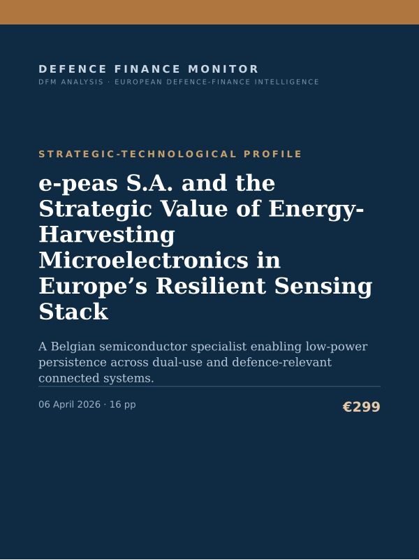 Cover of the DFM report “e-peas S.A. and the Strategic Value of Energy-Harvesting Microelectronics in Europe’s Resilient Sensing Stack” — Strategic-Technological Profile, 16-page PDF