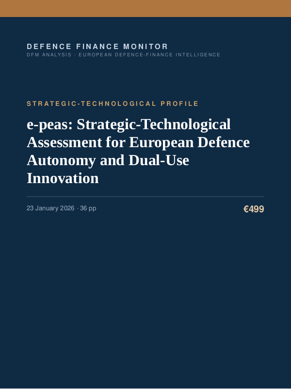 Cover of the DFM report “e-peas: Strategic-Technological Assessment for European Defence Autonomy and Dual-Use Innovation” — Strategic-Technological Profile, 36-page PDF