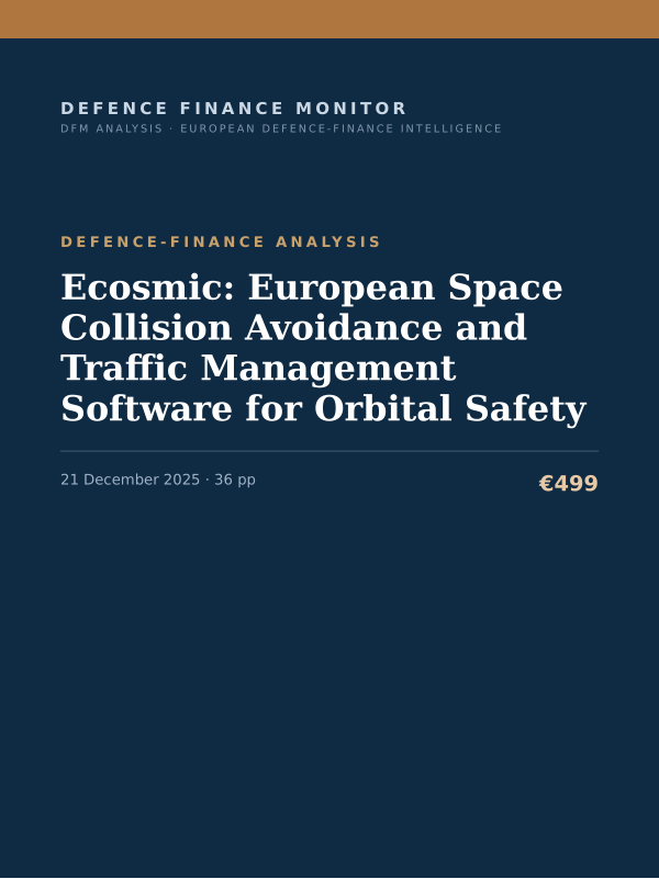 Cover of the DFM report “Ecosmic: European Space Collision Avoidance and Traffic Management Software for Orbital Safety” — Defence-Finance Analysis, 36-page PDF