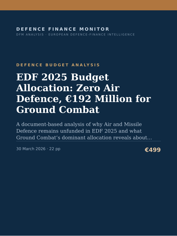 Cover of the DFM report “EDF 2025 Budget Allocation: Zero Air Defence, €192 Million for Ground Combat” — Defence Budget Analysis, 22-page PDF