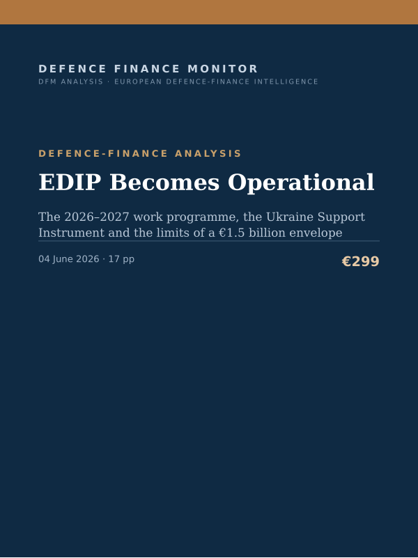 Cover of the DFM report “EDIP Becomes Operational” — Defence-Finance Analysis, 17-page PDF