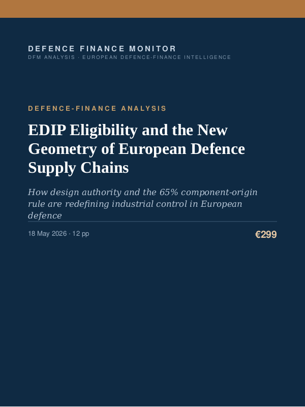 Cover of the DFM report “EDIP Eligibility and the New Geometry of European Defence Supply Chains” — Defence-Finance Analysis, 12-page PDF