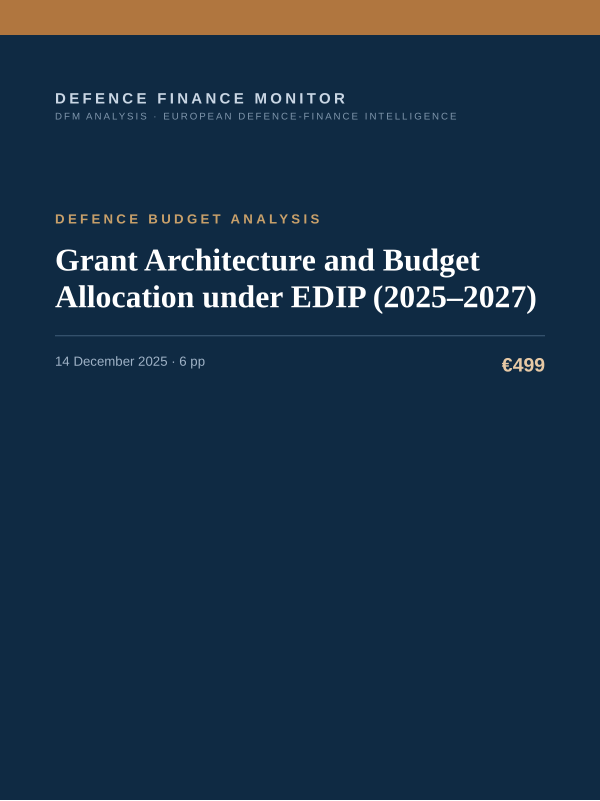 Cover of the DFM report “Grant Architecture and Budget Allocation under EDIP (2025–2027)” — Defence Budget Analysis, 6-page PDF