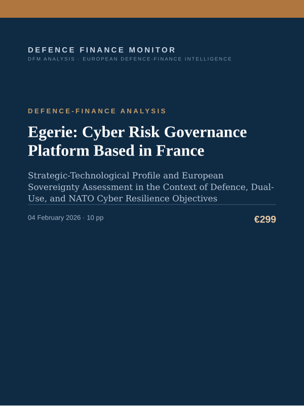 Cover of the DFM report “Egerie: Cyber Risk Governance Platform Based in France” — Defence-Finance Analysis, 10-page PDF