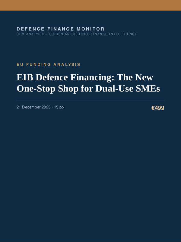 Cover of the DFM report “EIB Defence Financing: The New One-Stop Shop for Dual-Use SMEs” — Eu Funding Analysis, 15-page PDF