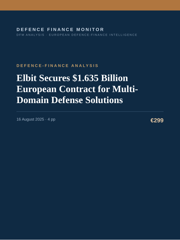 Cover of the DFM report “Elbit Secures $1.635 Billion European Contract for Multi-Domain Defense Solutions” — Defence-Finance Analysis, 4-page PDF