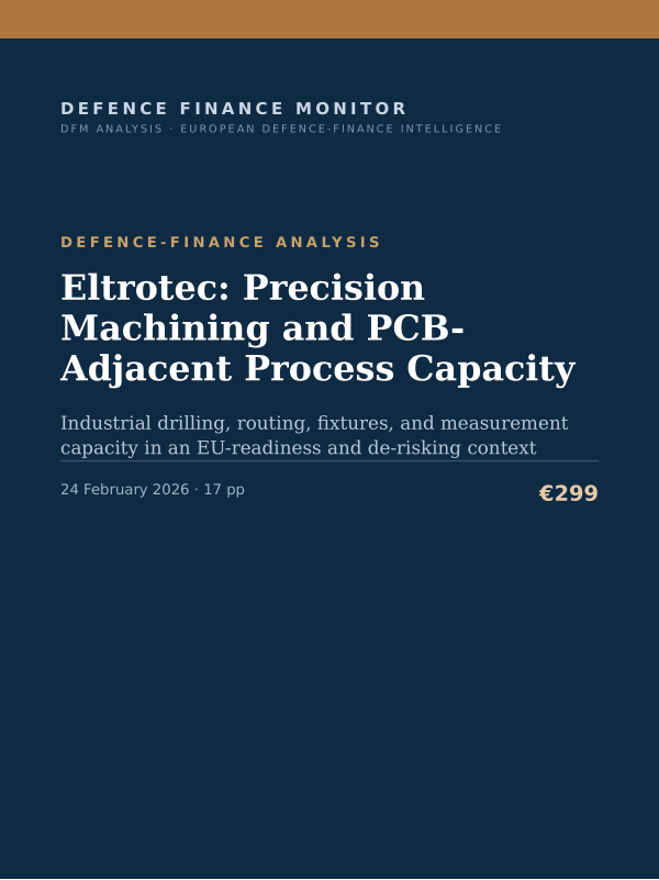 Cover of the DFM report “Eltrotec: Precision Machining and PCB-Adjacent Process Capacity” — Defence-Finance Analysis, 17-page PDF