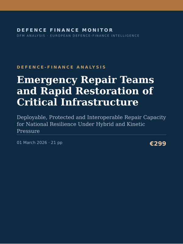 Cover of the DFM report “Emergency Repair Teams and Rapid Restoration of Critical Infrastructure” — Defence-Finance Analysis, 21-page PDF